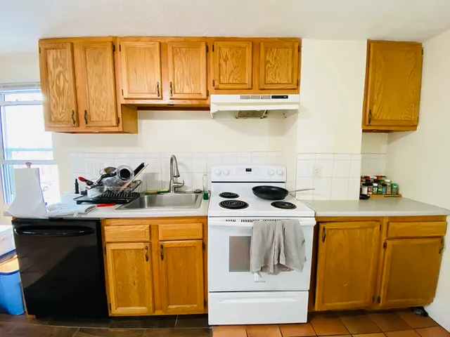 a kitchen with a sink a stove and cabinets