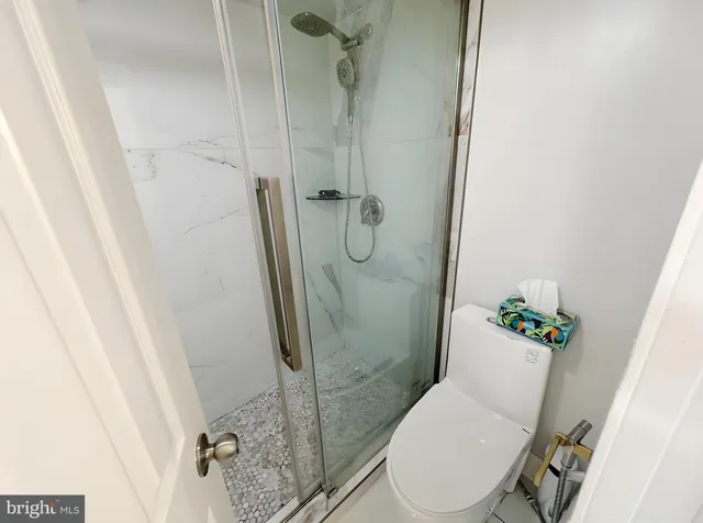 a bathroom with a toilet and a shower