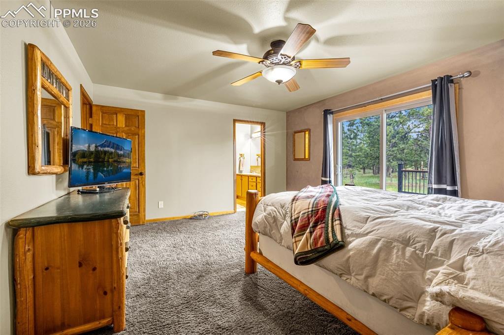 143 Ring Road Guffey, CO 80820 - Photo 11 of 36 Bedroom with light colored carpet, access to outside, ensuite bath, and a ceiling fan