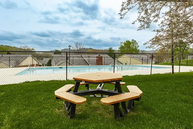 a view of a swimming pool with a lounge chair
