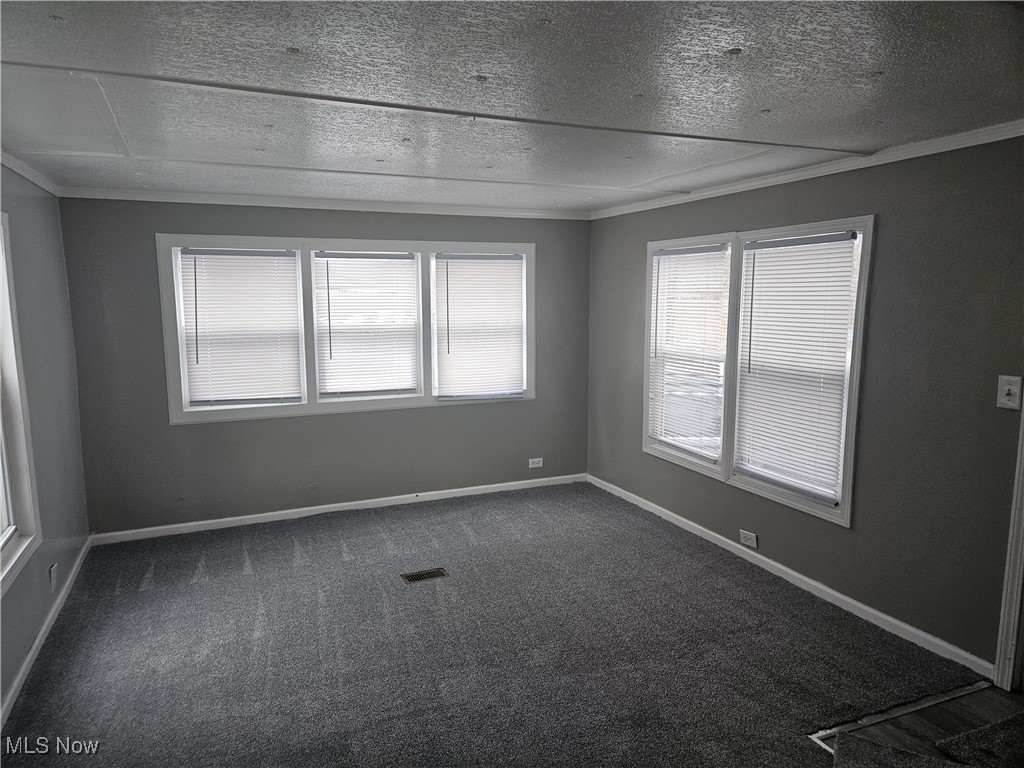 2305 East Waterloo Road Akron, OH 44312 - Photo 9 of 12 Empty room featuring crown molding, dark carpet, healthy amount of natural light, and a textured ceiling