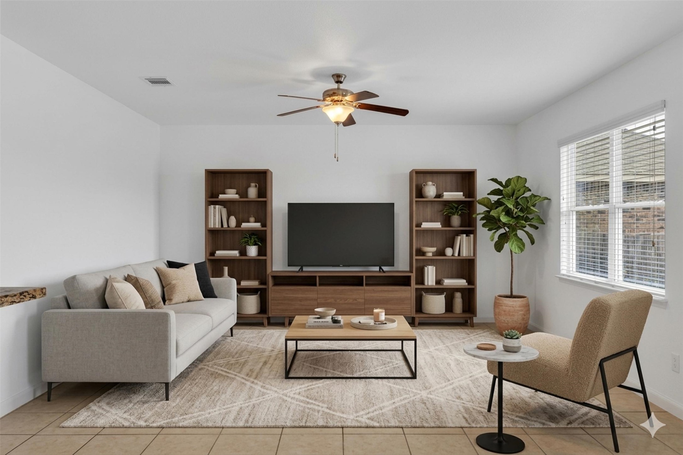 13213 Clara Martin Road Manor, TX 78653 - Photo 15 of 38 Virtually Stages. Living room featuring a ceiling fan and light tile patterned floors