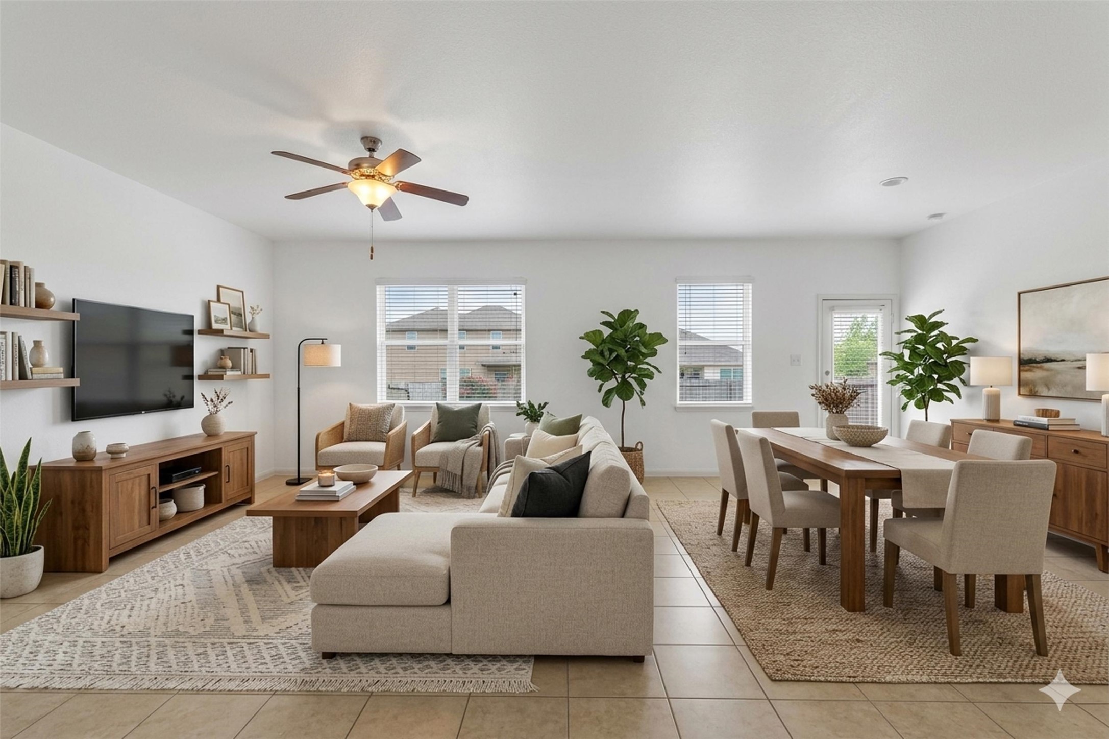 13213 Clara Martin Road Manor, TX 78653 - Photo 16 of 38 Virtually Staged. Living room featuring ceiling fan and light tile patterned floors