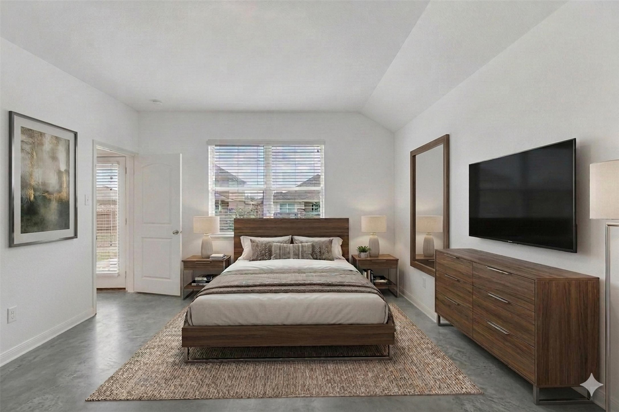 13213 Clara Martin Road Manor, TX 78653 - Photo 20 of 38 Virtually Staged. Bedroom featuring concrete flooring and vaulted ceiling