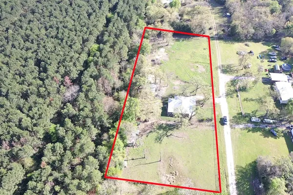 a view of a tennis ground with large trees