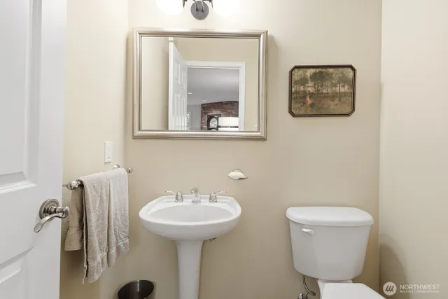 a bathroom with a toilet a sink and mirror
