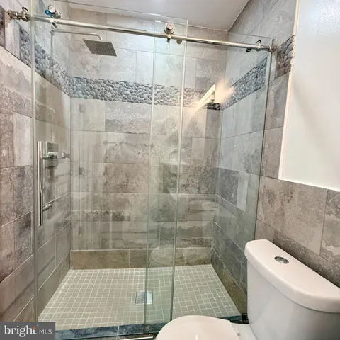 a bathroom with a shower and toilet