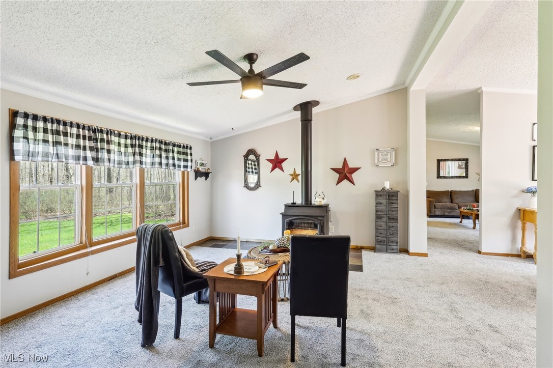 8307 Slagle Road Windham, OH 44288 - Photo 15 of 39 Carpeted dining space with a textured ceiling, ceiling fan, ornamental molding, and a wood stove