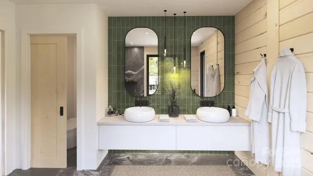 a bathroom with a double vanity sink and a mirror