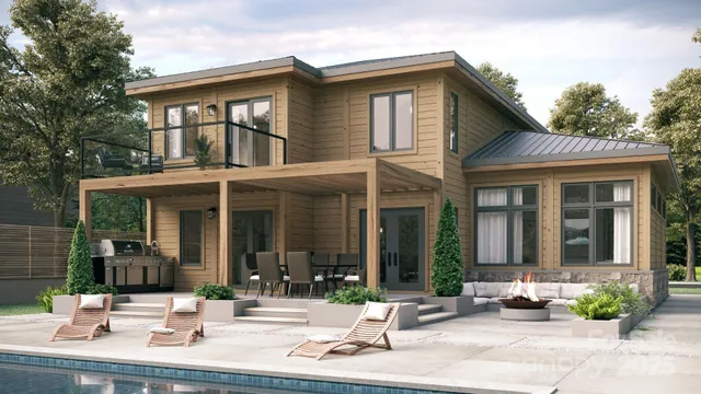 a building outdoor space with patio furniture and potted plants