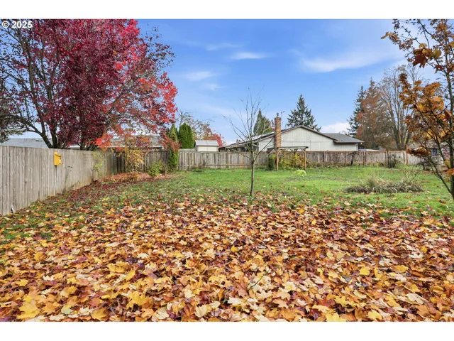 a view of a yard in front of a house with a large tree