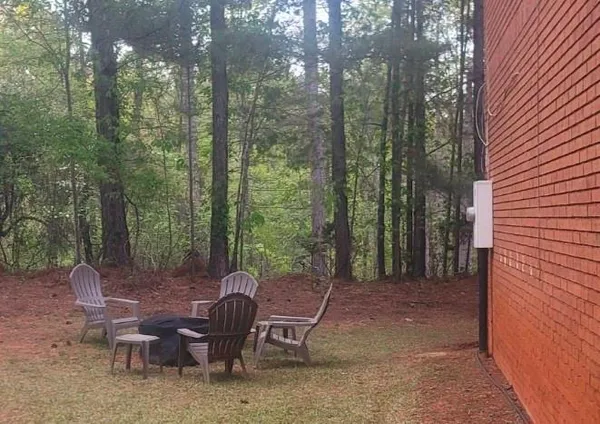 a view of a chairs and table in the backyard