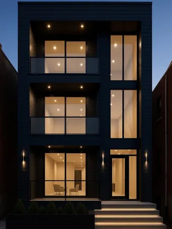 a front view of a black and white building