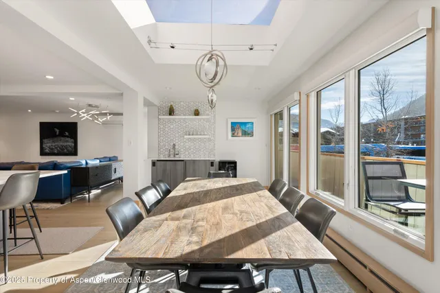a view of a dining room with furniture