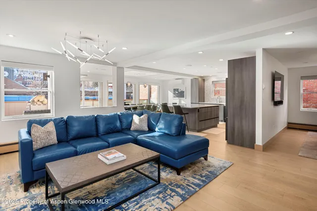 a living room with furniture and a dining table