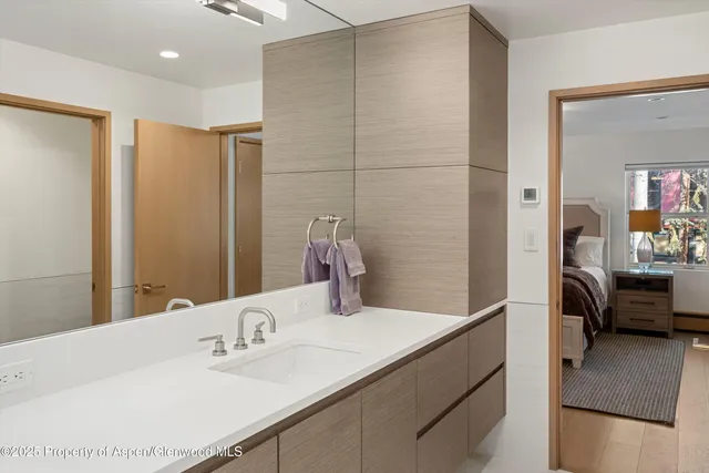 a bathroom with a shower and a sink