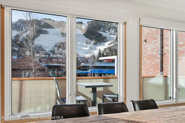 a workspace with furniture and a large window