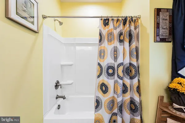a bathroom with a bathtub and a shower curtain