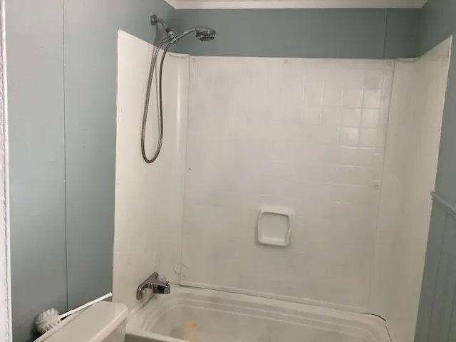 a bathroom with a shower and a toilet
