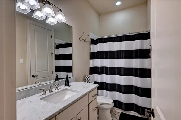 a bathroom with a sink a toilet a large mirror and shower curtain