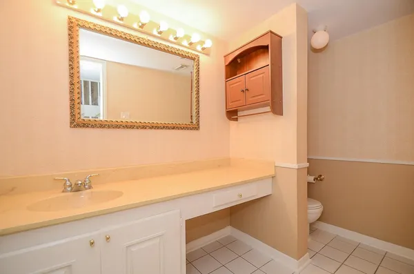 a bathroom with a sink a toilet and mirror