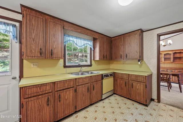 a kitchen with a sink and wooden cabinets