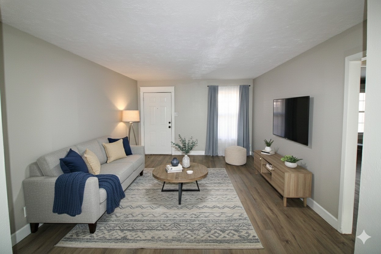 a living room with furniture and wooden floor