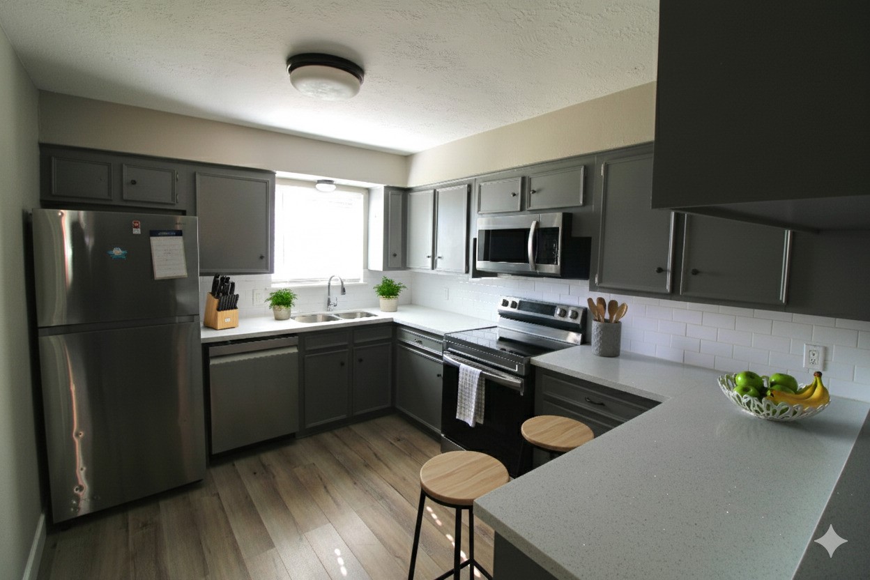 1305 Adams Street, Unit 8 Conroe, TX 77301 - Photo 3 of 12 a kitchen with a refrigerator a stove a sink and chairs