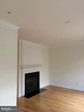 a view of empty room with wooden floor and fireplace