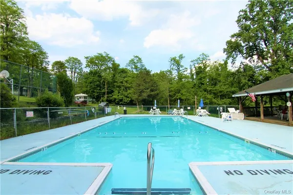 a view of a swimming pool with a yard