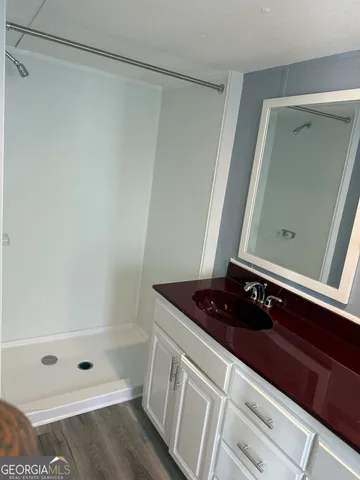 a bathroom with a bathtub