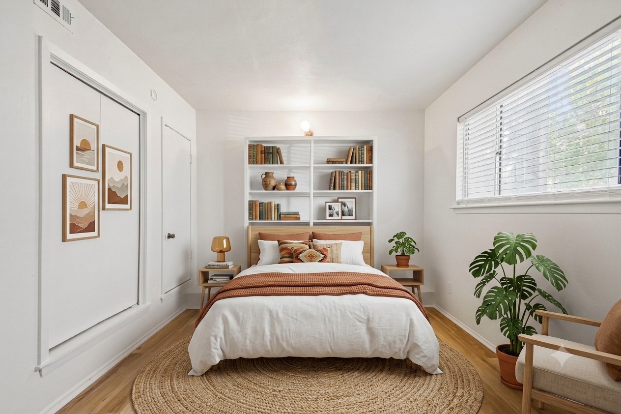 2413 Leon Street, Unit 104 Austin, TX 78705 - Photo 14 of 26 a bedroom with a bed table and chair