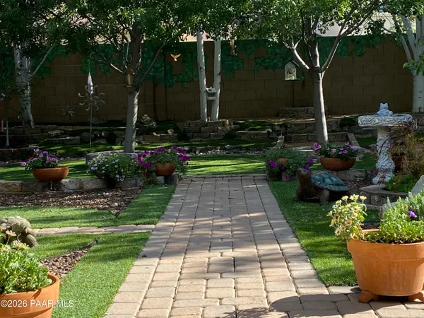 a view of a backyard with potted plants and large trees