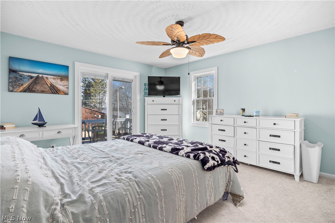 44 Center Road Vermilion, OH 44089 - Photo 30 of 38 Bedroom with light colored carpet, multiple windows, access to outside, and ceiling fan