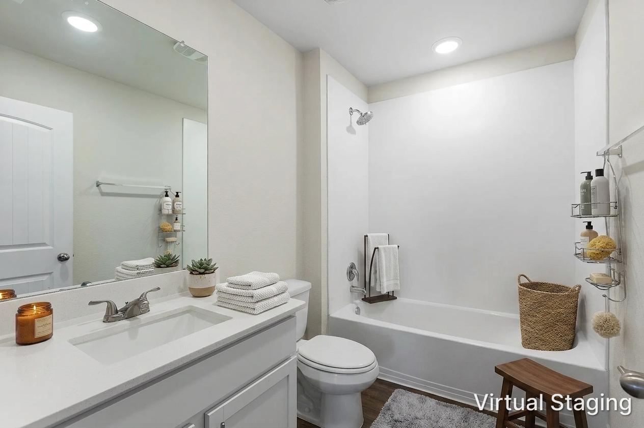 133 Frogmore Loop Kyle, TX 78640 - Photo 17 of 19 A well-appointed bathroom features a single vanity, modern fixtures, and a clean, functional tub and shower combination.