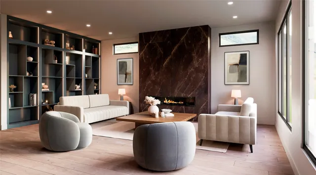 a living room with furniture and a potted plant