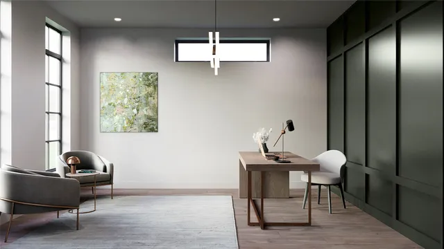 a room with chandelier fan and windows