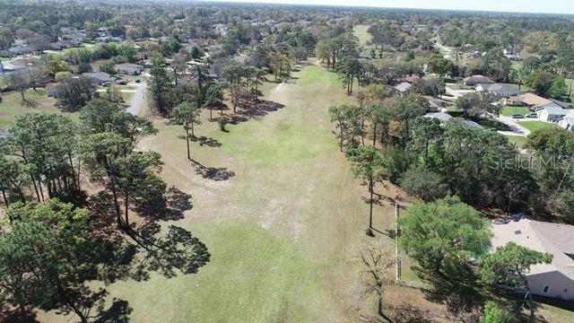 an aerial view of residential houses with outdoor space and trees