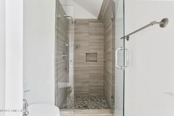 a bathroom with a shower and a toilet