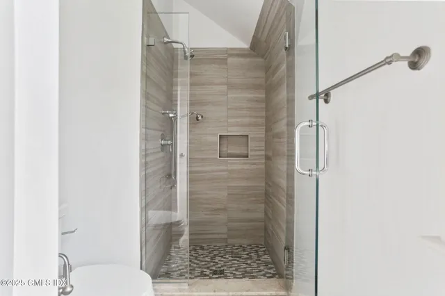 a bathroom with a shower and a toilet