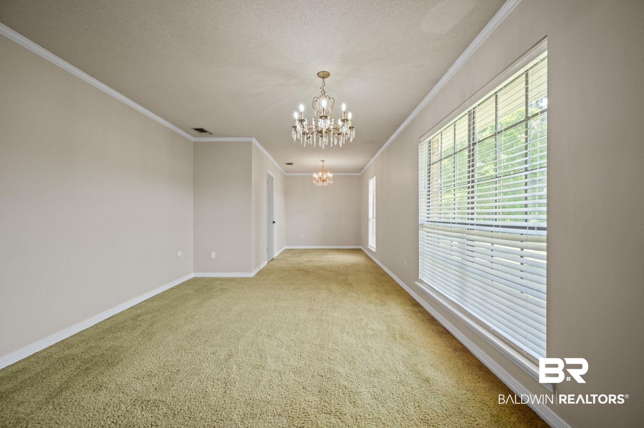 15880 Pine Grove Rd Extension West Bay Minette, AL 36507 - Photo 27 of 44 Empty room with light carpet, a notable chandelier, a textured ceiling, and ornamental molding