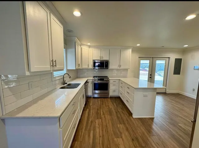 a large kitchen with a lot of counter space