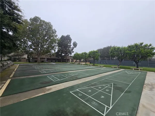 a view of a tennis ground with large trees