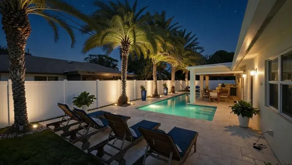 a view of a backyard with plants and patio
