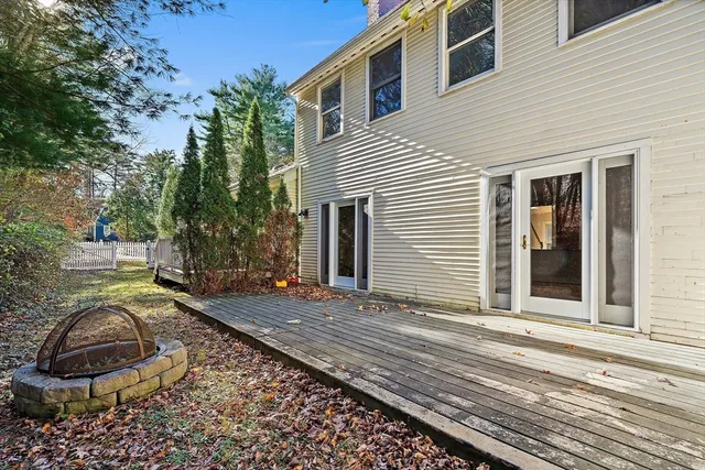 a view of a backyard with a chair and potted plants