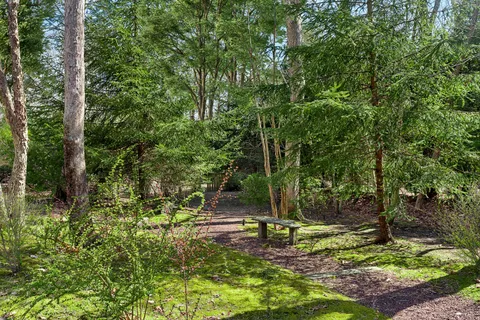 a view of a backyard with table and chairs under an umbrella