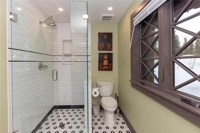 a bathroom with a toilet a sink a mirror and shower