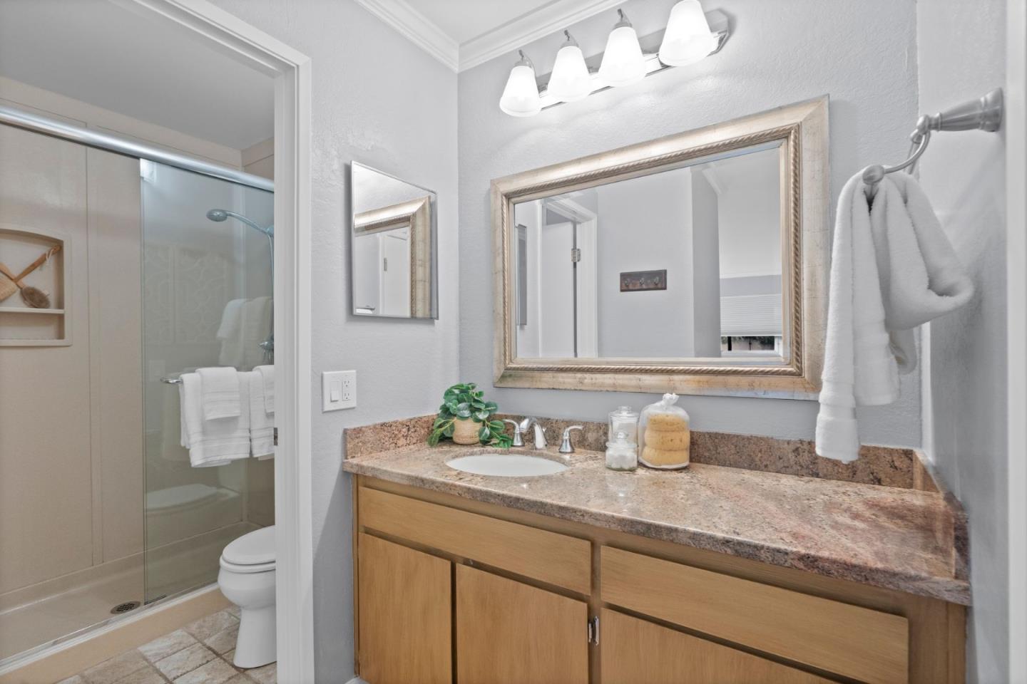 905 West Middlefield Road, Unit 923 Mountain View, CA 94043 - Photo 15 of 38 a bathroom with a granite countertop sink a toilet and a mirror