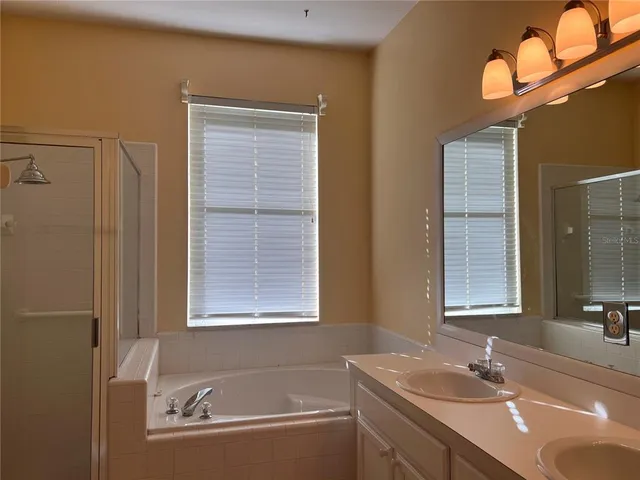 a bathroom with a sink vanity tub and a mirror