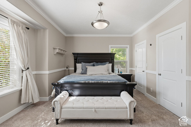 1447 Meadow Lane Mapleton, UT 84664 - Photo 18 of 67 Carpeted flooring, crown molding, double windows with blinds, white paneled doors, and a ceiling-mounted light fixture